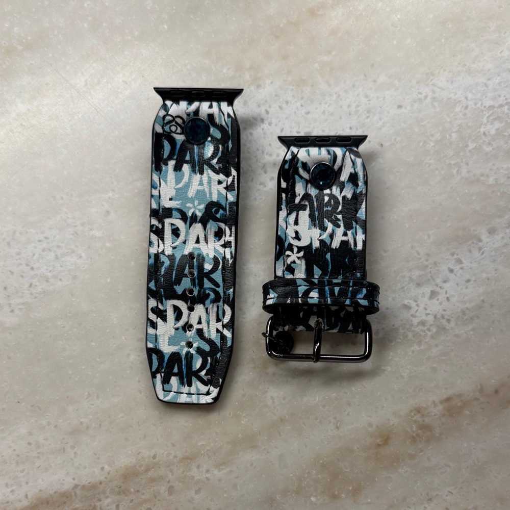 Women’s Black & White Graffiti Leather Watch Band with Blue Accents